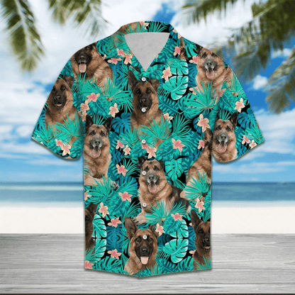 German Shepherd Behind Tropical Leave And Flower Hawaiian Shirt, Hawaiian Shirt Gift, Christmas Gift
