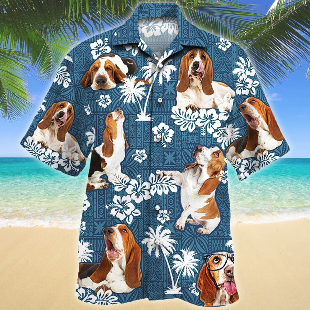 Fascinating Style Basset Hound Dog Blue Tribal Pattern Hawaiian Shirt, Hawaiian Shirt Gift, Christmas Gift