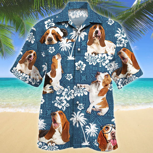 Fascinating Style Basset Hound Dog Blue Tribal Pattern Hawaiian Shirt, Hawaiian Shirt Gift, Christmas Gift