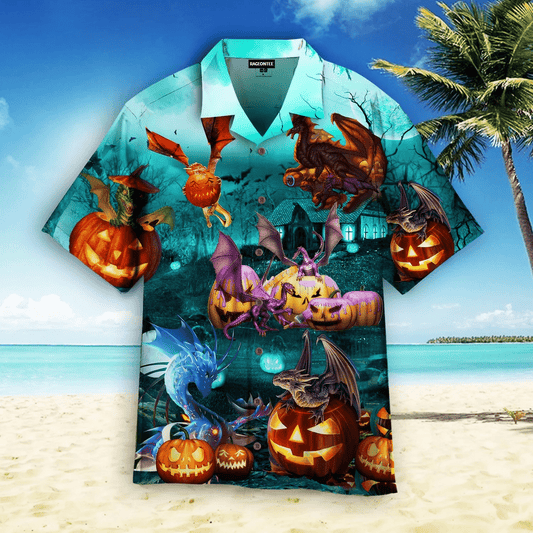 Dragon Are Playing On Halloween Day Dramatic Hawaiian Shirt, Hawaiian Shirt Gift, Christmas Gift