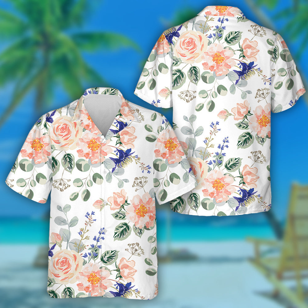 Pastel Rose Flowers Green Leaves Bouquets Watercolor Design Hawaiian Shirt, Hawaiian Shirt Gift, Christmas Gift
