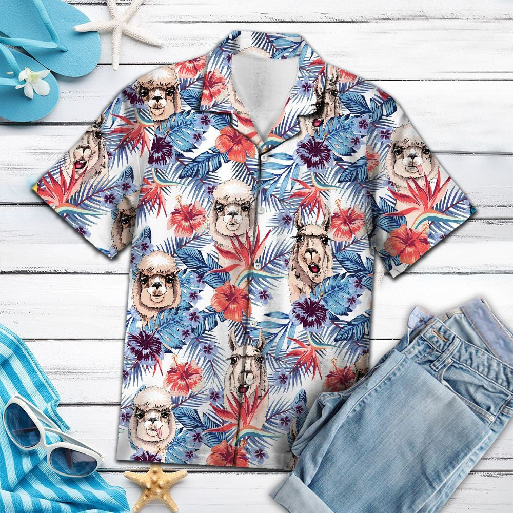 Llama With Red Hibiscus And Tropical Leaves Hawaiian Shirt, Hawaiian Shirt Gift, Christmas Gift