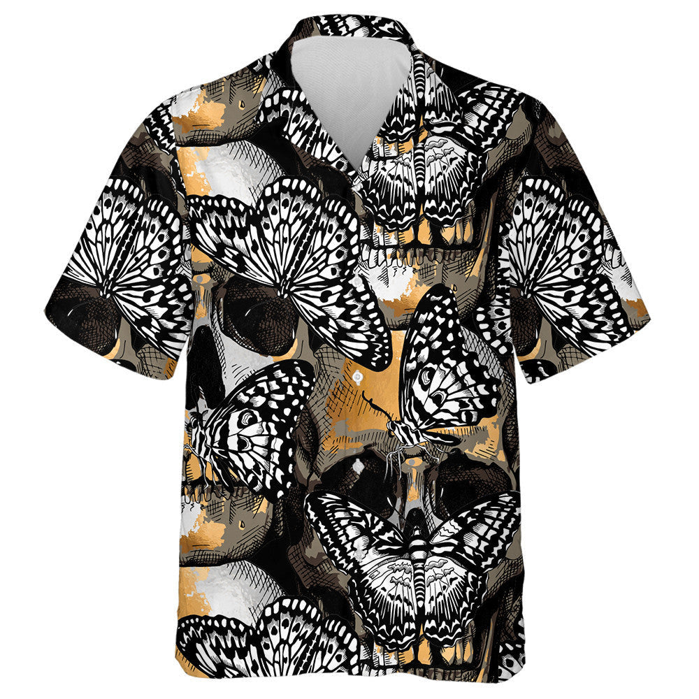 Spring Theme Gold And Silver Skulls With Exotic Butterflies Hawaiian Shirt, Hawaiian Shirt Gift, Christmas Gift