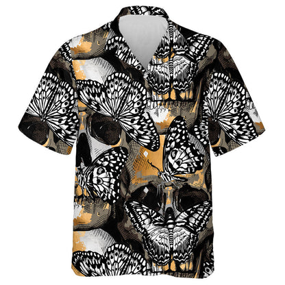 Spring Theme Gold And Silver Skulls With Exotic Butterflies Hawaiian Shirt, Hawaiian Shirt Gift, Christmas Gift