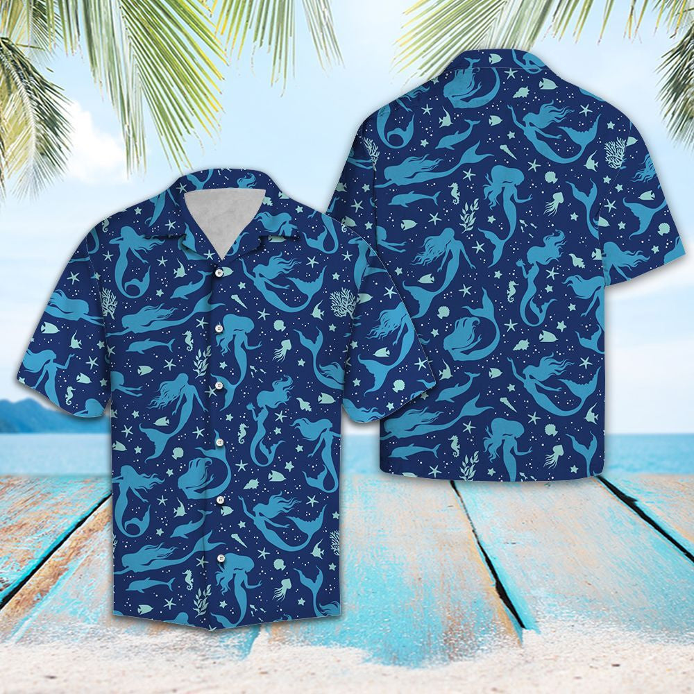 Hawaiian Shirt Blue Mermaid And Marine Creature Under The Sea, Hawaiian Shirt Gift, Christmas Gift