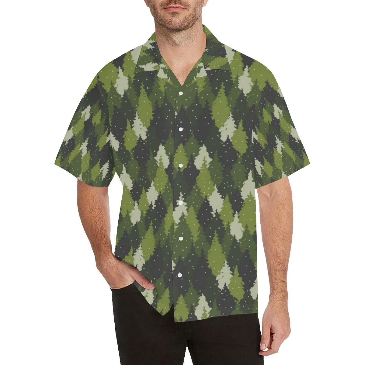 Christmas Tree Camo Pattern Men's All Over Print Hawaiian Aloha Shirt Hawaiian Shorts Beach Short Sleeve_Hawaiian Shirt Gift, Christmas Gift