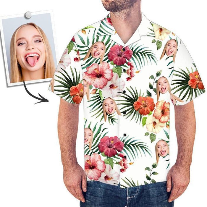 Brilliant Hibiscus And Leaves On White Custom Photo Hawaiian Shirt, Hawaiian Shirt Gift, Christmas Gift