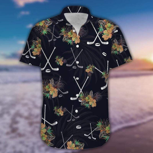 Simple Hockey Tropical Black Design Hawaiian Shirt,Hawaiian Shirt Gift, Christmas Gift