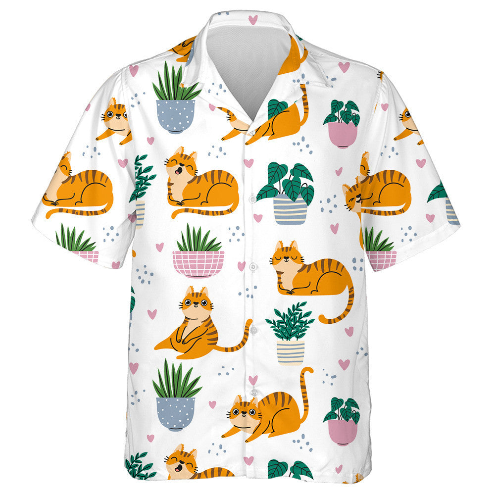 Cartoon Funny Red Cats And Plants In Pots Hawaiian Shirt, Hawaiian Shirt Gift, Christmas Gift