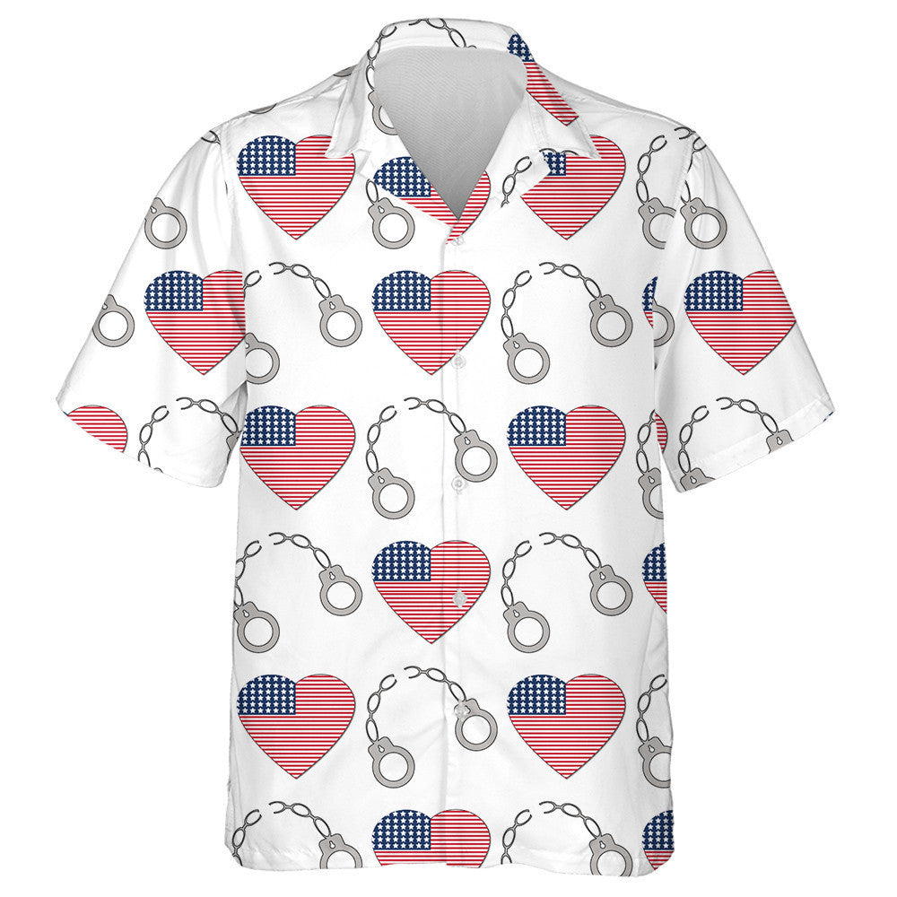 USA Flags In Form Of Hearts And A Broken Handcuff Hawaiian Shirt, Hawaiian Shirt Gift, Christmas Gift