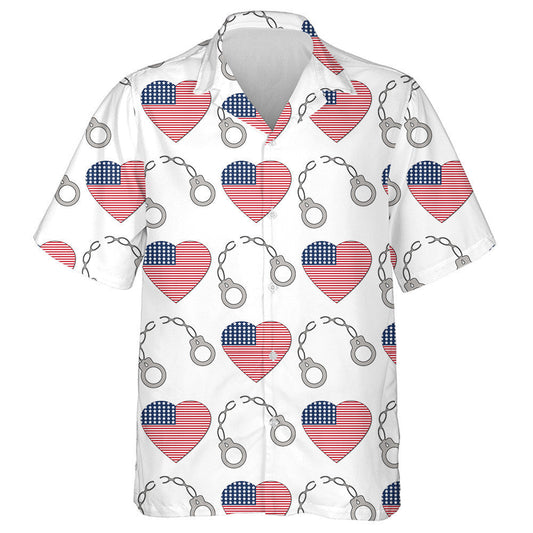 USA Flags In Form Of Hearts And A Broken Handcuff Hawaiian Shirt, Hawaiian Shirt Gift, Christmas Gift