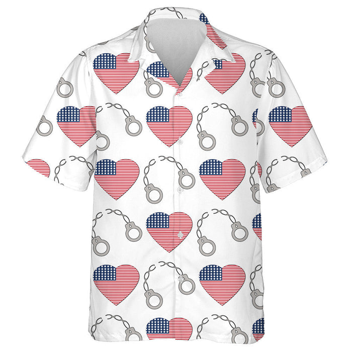 USA Flags In Form Of Hearts And A Broken Handcuff Hawaiian Shirt, Hawaiian Shirt Gift, Christmas Gift