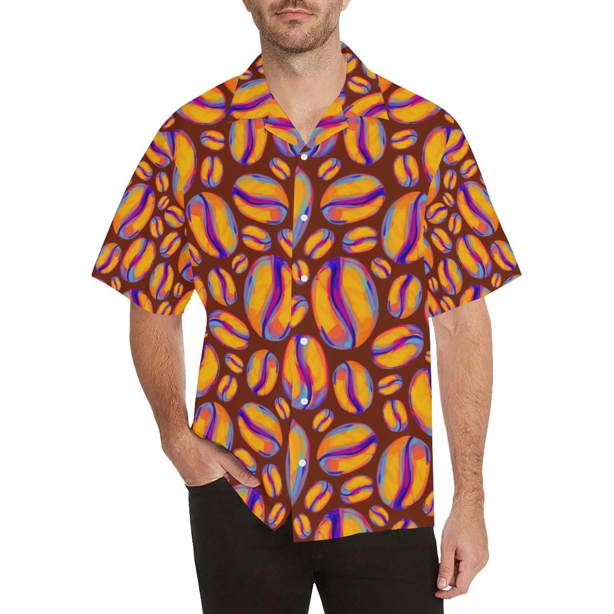 Coffee Bean Pattern Background Men's All Over Print Hawaiian Aloha Shirt, Hwaiian For Gift