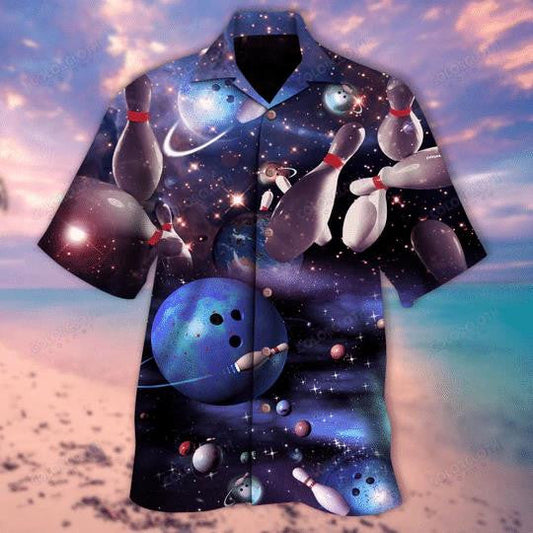 Bowling Balls And Pins In Space Galaxy Themed Design Hawaiian Shirt, Hawaiian Shirt Gift, Christmas Gift