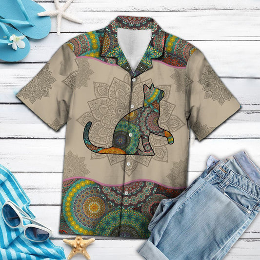 Brown Background Playful Cat Mandala Flower Patchwork Pattern Hawaiian Shirt, Hawaiian Shirt Gift, Christmas Gift