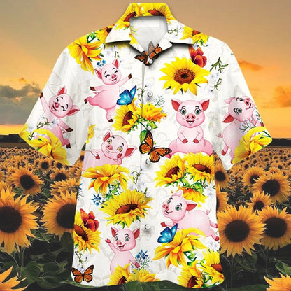 Funny Pig Playing With Butterfly And Sun Flower Hawaiian Shirt, Hawaiian Shirt Gift, Christmas Gift