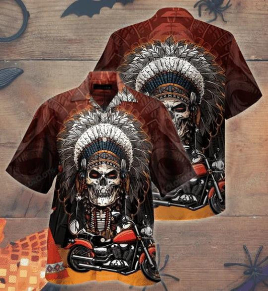 Halloween Horror Skull Native Biker Gift For Bikers Hawaiian Shirt, Hawaiian Shirt Gift, Christmas Gift