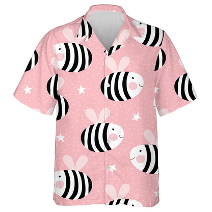 Black White Cute Bee And Star On Pink Hawaiian Shirt, Hawaiian Shirt Gift, Christmas Gift