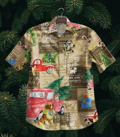 Cute Dog And Pine Tree Vintage Style Design Hawaiian Shirt, Hawaiian Shirt Gift, Christmas Gift