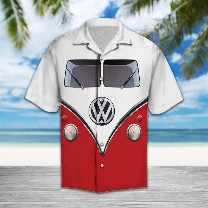 While And Red Hippie Bus Print Hawaiian Shirt, Hwaiian For Gift