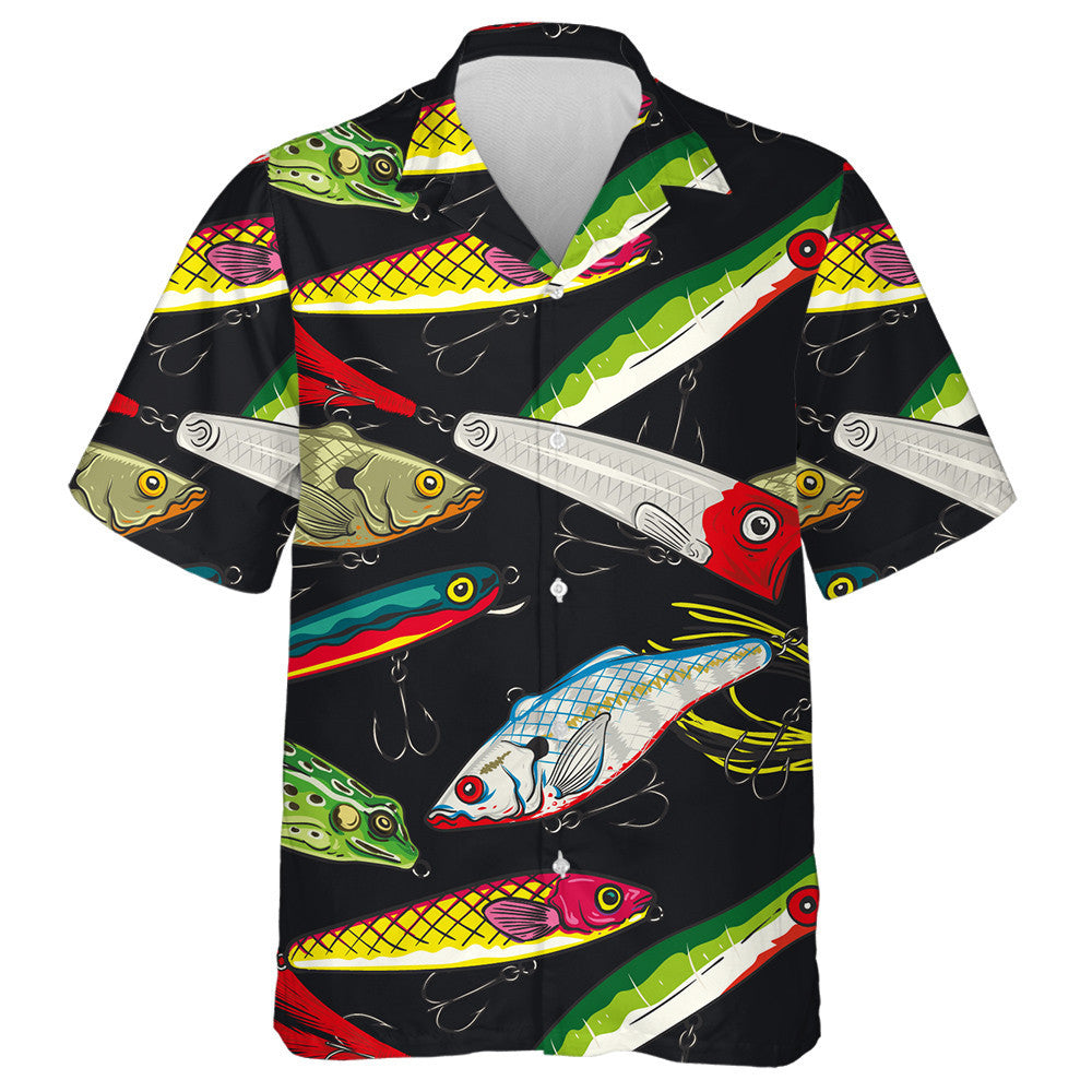 Pop And Colorful Fishing Lures Pattern On Black Background Hawaiian Shirt, Hawaiian Shirt Gift, Christmas Gift