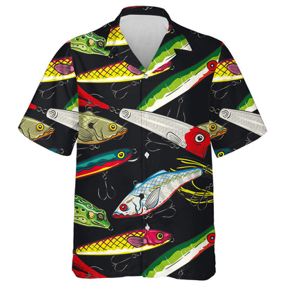 Pop And Colorful Fishing Lures Pattern On Black Background Hawaiian Shirt, Hawaiian Shirt Gift, Christmas Gift
