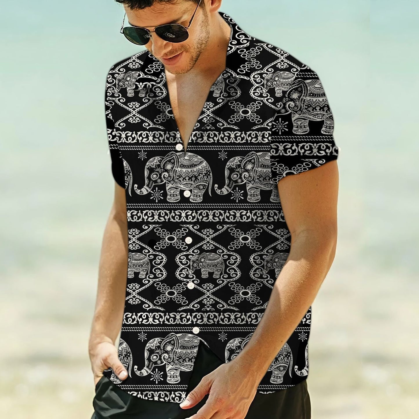 Hand Drawn Black And White Elephant Ethnic Pattern Hawaiian Shirt, Hawaiian Shirt Gift, Christmas Gift