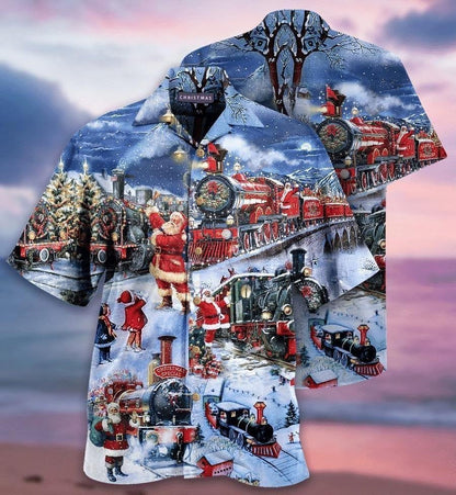 Train To Christmas With Santa And Children Pattern Hawaiian Shirt, Hawaiian Shirt Gift, Christmas Gift