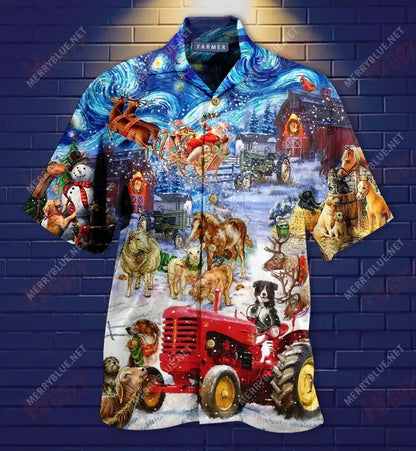 Farmers Night Before Christmas Short Hawaiian Shirt Vacation Aloha Shirt Best Hawaiian Shirts Hawaiian Shirts For Men, Hawaiian Shirt Gift, Christmas Gift