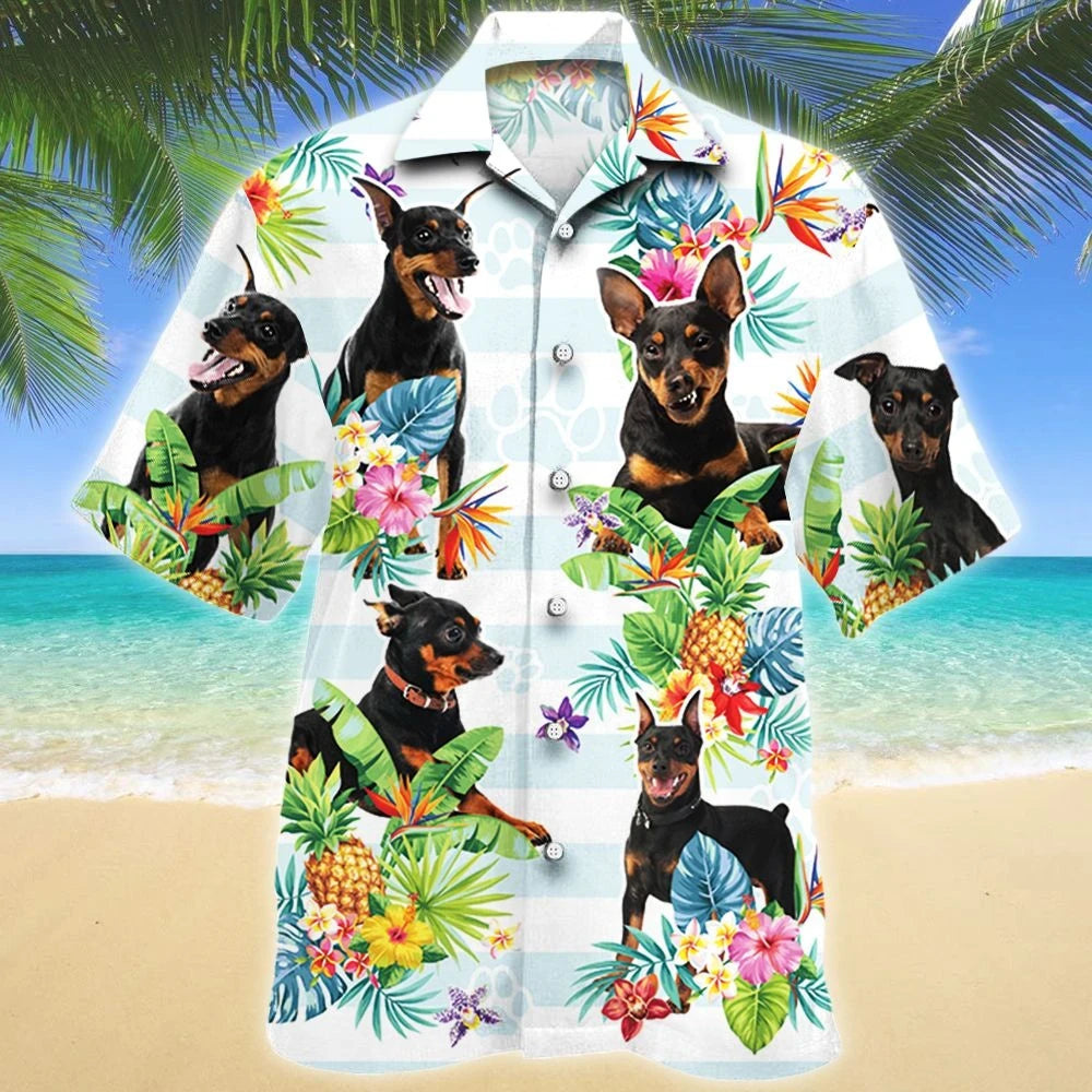 Miniature Pinscher Dog Tropical Flower And Leaves Pattern Hawaiian Shirt, Hawaiian Shirt Gift, Christmas Gift