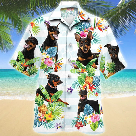 Miniature Pinscher Dog Tropical Flower And Leaves Pattern Hawaiian Shirt, Hawaiian Shirt Gift, Christmas Gift