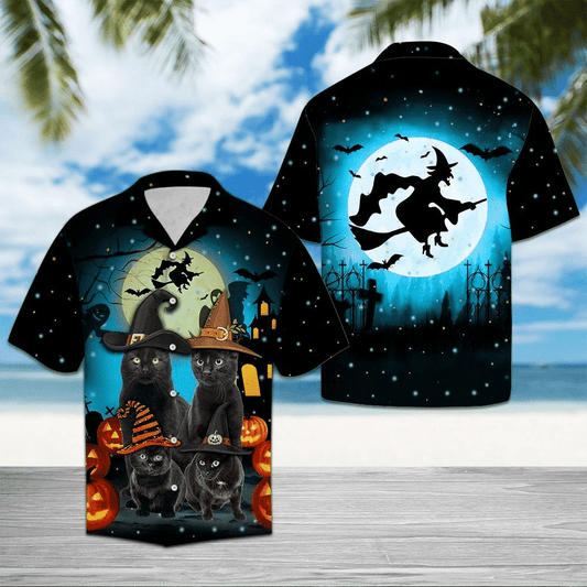 Black Cat Family Halloween Full Moon Witch Pattern Hawaiian Shirt, Hawaiian Shirt Gift, Christmas Gift