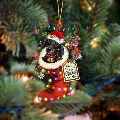 BLACK Dachshund-Xmas Boot-Two Sided Christmas Plastic Hanging Ornament, Christmas Ornament Gift, Christmas Gift, Christmas Decoration