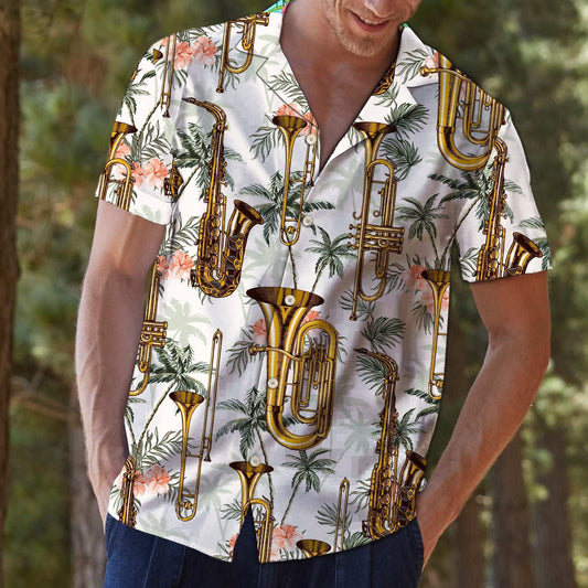 Golden Saxophone With Palm Trees In White Hawaiian Shirt, Hawaiian Shirt Gift, Christmas Gift