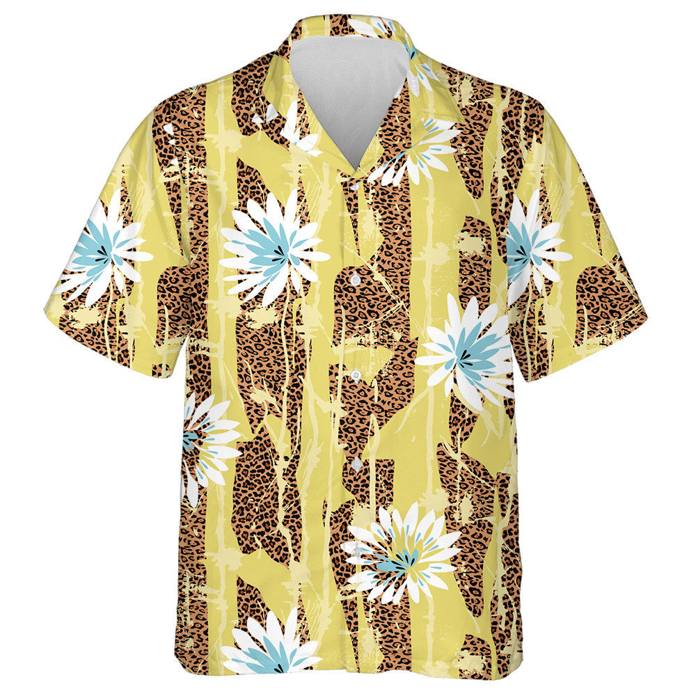 Wild African Leopard And Flower Texture Yellow Background Hawaiian Shirt, Hawaiian Shirt Gift, Christmas Gift