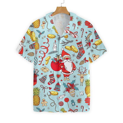 Pineapple Santa Clau Pattern Cute Gifts Blue Theme Hawaiian Shirt, Hawaiian Shirt Gift, Christmas Gift