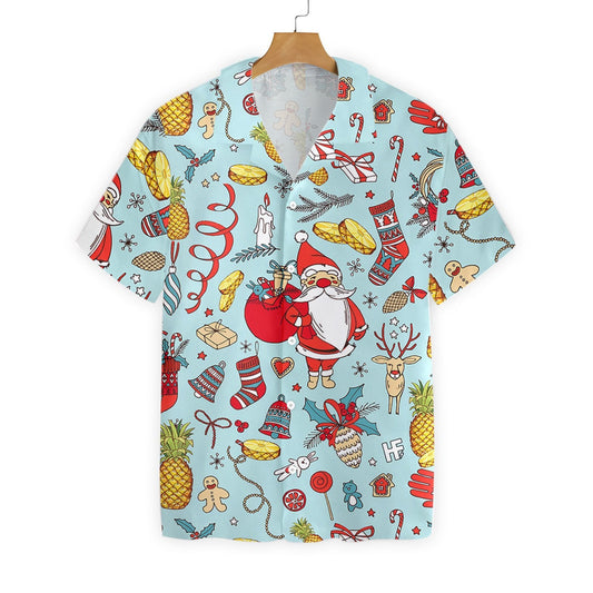 Pineapple Santa Clau Pattern Cute Gifts Blue Theme Hawaiian Shirt, Hawaiian Shirt Gift, Christmas Gift
