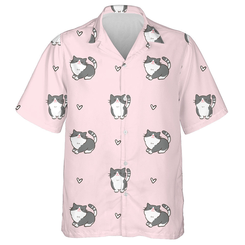 Cartoon Cat And Heart Design On Pink Background Hawaiian Shirt, Hawaiian Shirt Gift, Christmas Gift