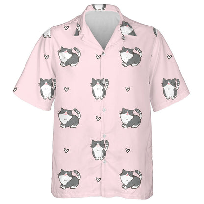 Cartoon Cat And Heart Design On Pink Background Hawaiian Shirt, Hawaiian Shirt Gift, Christmas Gift