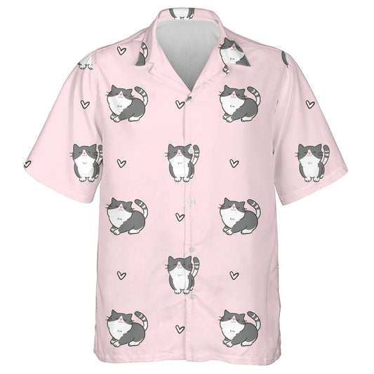 Cartoon Cat And Heart Design On Pink Background Hawaiian Shirt, Hawaiian Shirt Gift, Christmas Gift