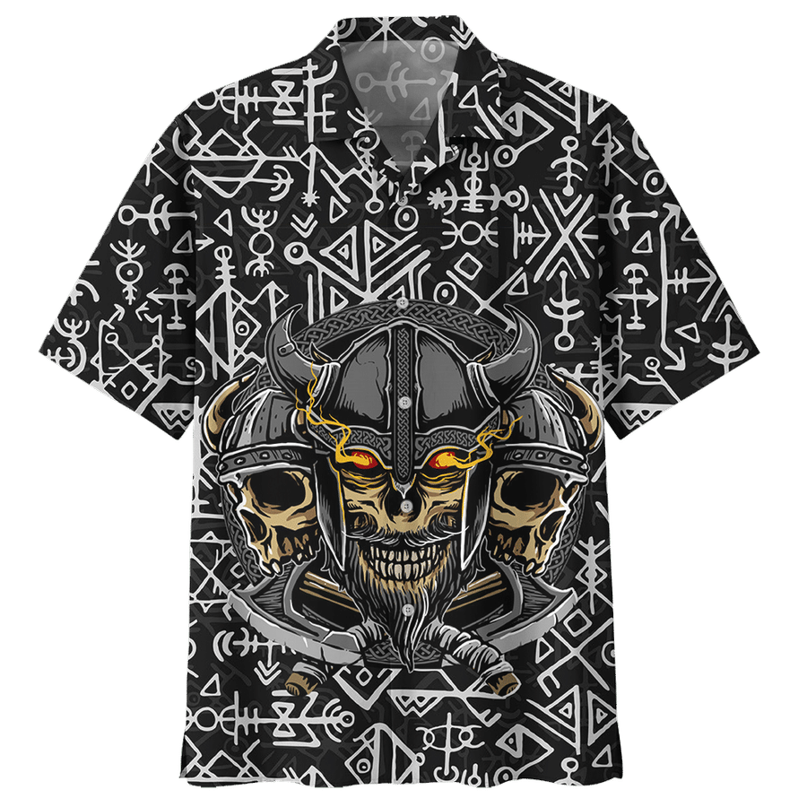 Black And Yellow Viking Ghost Pattern Hawaiian Shirt, Hawaiian For Gift