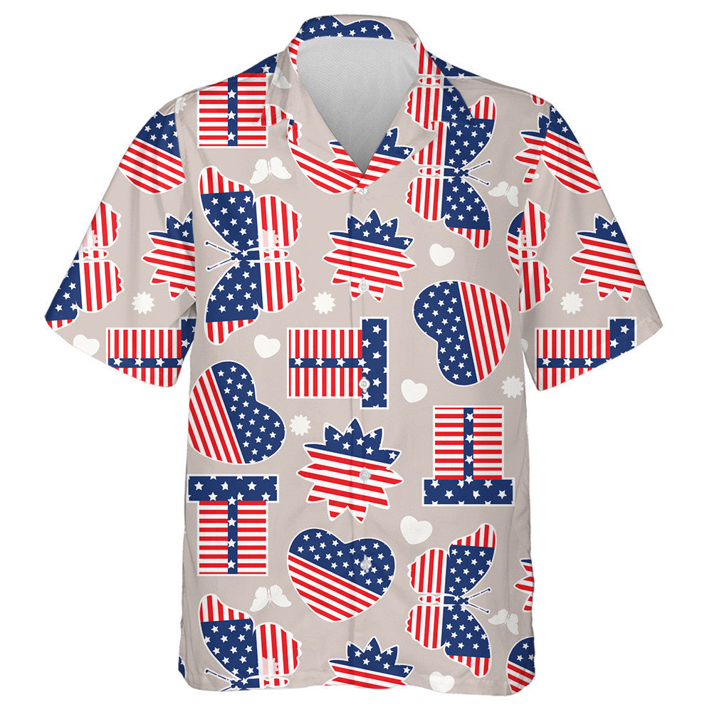 Butterfly Gift And Heart Symbol Monochrome Amrican Flag Hawaiian Shirt, Hawaiian Shirt Gift, Christmas Gift