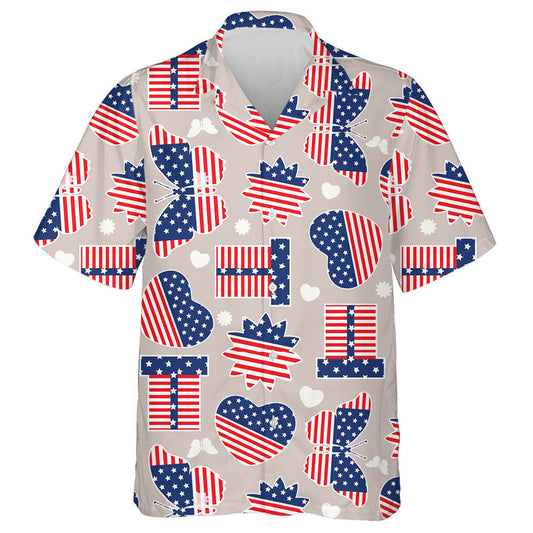 Butterfly Gift And Heart Symbol Monochrome Amrican Flag Hawaiian Shirt, Hawaiian Shirt Gift, Christmas Gift