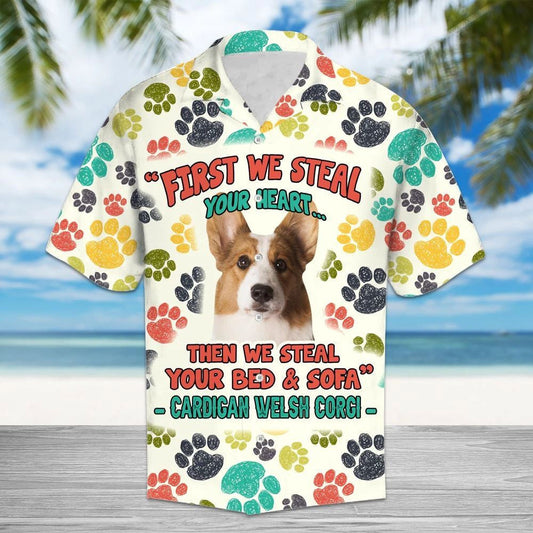 Colorful Paws Cardigan Welsh Corgi Steal Your Heart Hawaiian Shirt, Hawaiian Shirt Gift, Christmas Gift