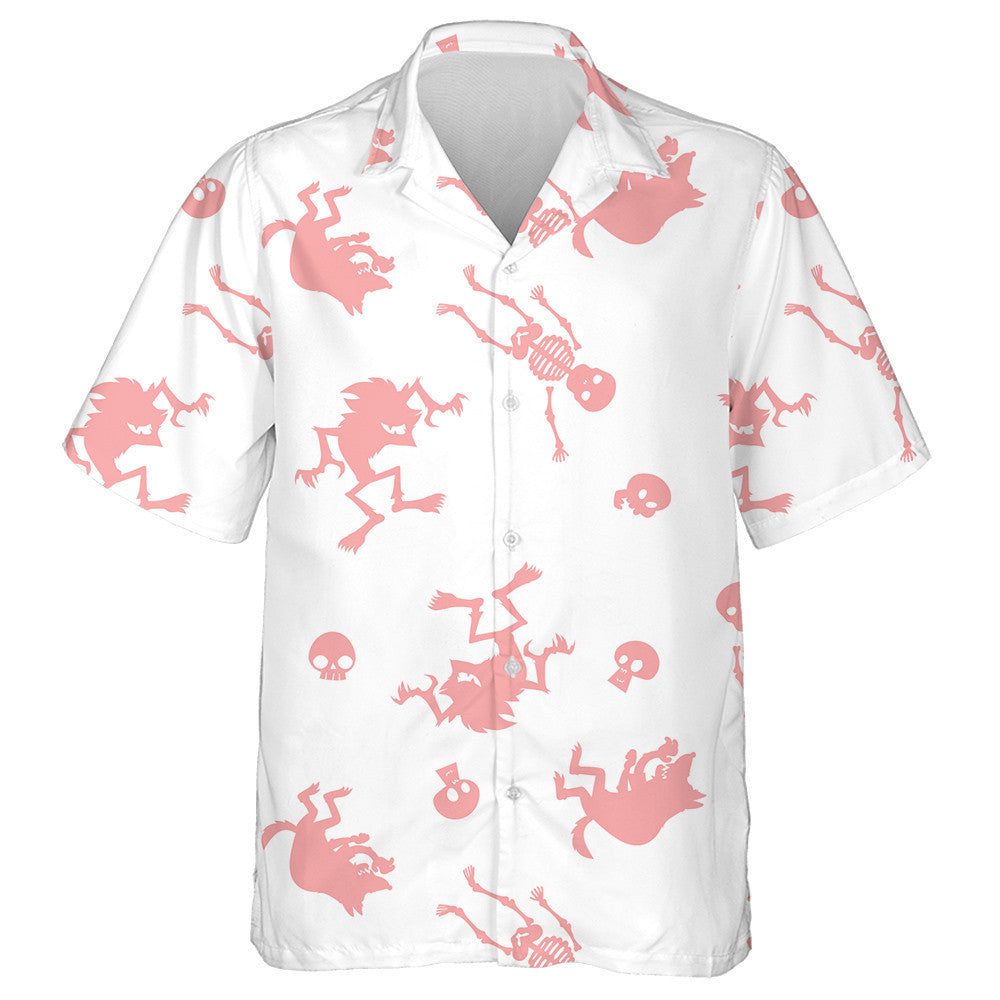 Halloween Wolf And Skeleton Pink Style Hawaiian Shirt, Hawaiian For Gift