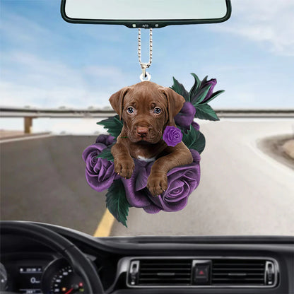 Pitbull In Purple Rose Car Hanging Ornament, Cool Ornament Hanging For Auto, Christmas Decoration