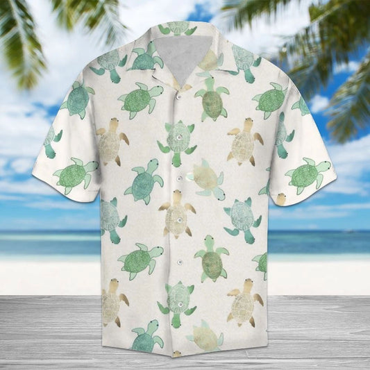Watercolor Green And Brown Sea Turtle In White Hawaiian Shirt, Hawaiian Shirt Gift, Christmas Gift
