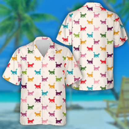 Cute Hand Drawn Colorful Cats Curved Tails Hawaiian Shirt, Hawaiian Shirt Gift, Christmas Gift