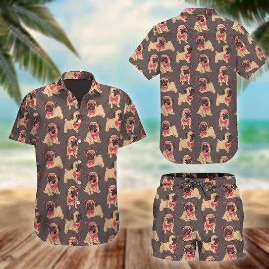 Cute Pug Dog On Grey Background Design Hawaiian Shirt, Hawaiian Shirt Gift, Christmas Gift
