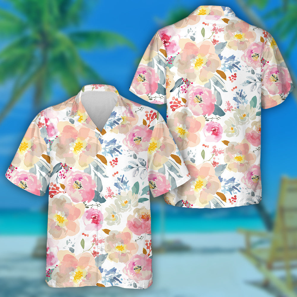 Watercolor Romantic Floral Pattern On White Background Design Hawaiian Shirt, Hawaiian Shirt Gift, Christmas Gift